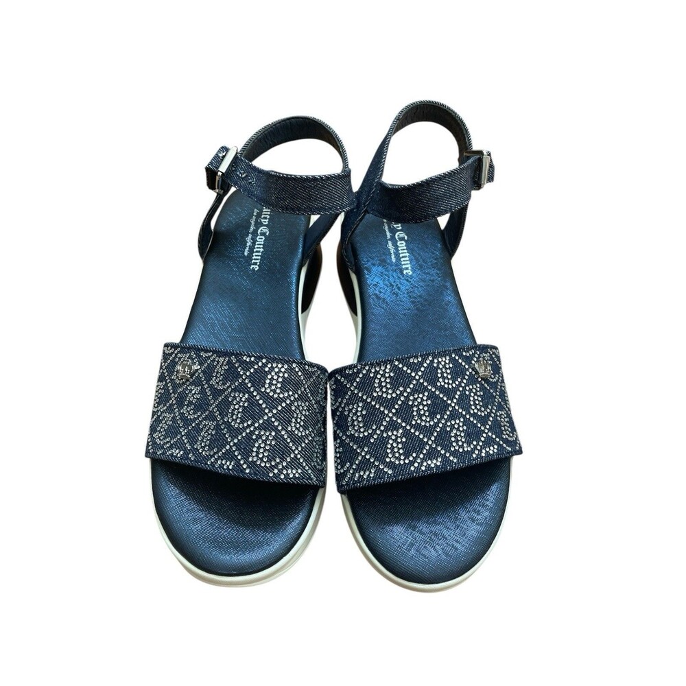 Juicy Couture Ilyza Embellished Ankle Strap Wedge Sandals - Blue & Silver logo